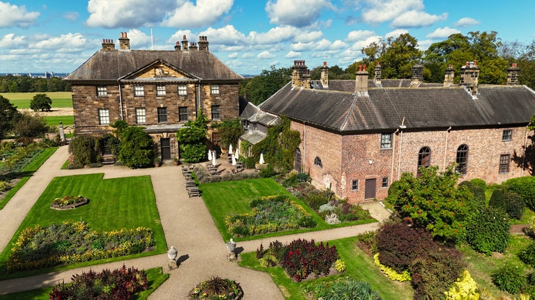 Aerial photo of the garden in autumn sunshine
